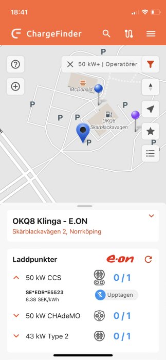 Skärmavbildning av ChargeFinder-app som visar elbilsladdstationer och deras status i Norrköping, Sverige.