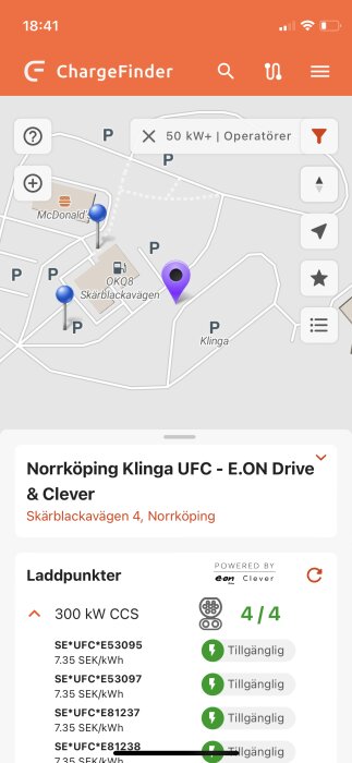 Skärmdump från ChargeFinder-appen som visar laddstationer, priser och tillgänglighet i Norrköping.