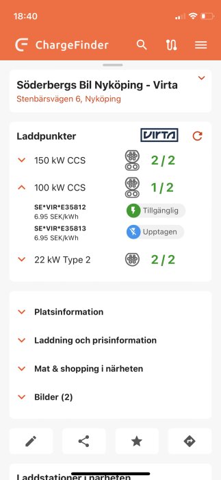 Skärmdump från ChargeFinder-appen visar laddstation i Nyköping, laddningstyper, priser, tillgänglighet och tjänster.