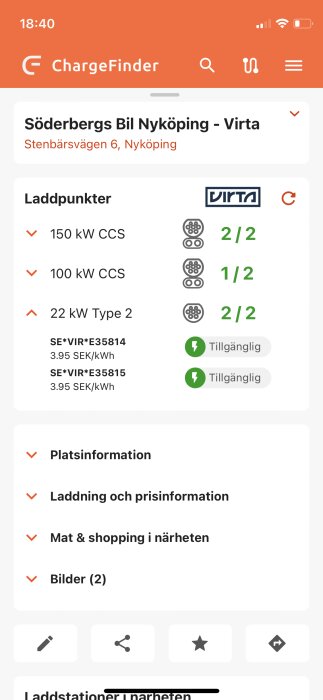 Skärmdump av ChargeFinder-app med information om laddstation för elbil, tillgänglighet och priser.