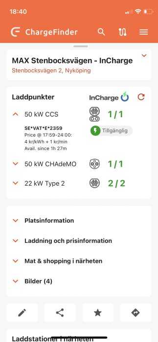 Skärmavbild av ChargeFinder-appen som visar tillgängligheten hos laddstationer för elbilar i Nyköping.