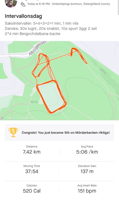 Skärmdump från löparapp; träningspass med intervaller; användare blev femte på en segmentutmaning.