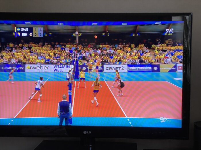 En volleybollmatch på TV, Sverige mot Bosnien och Hercegovina, publik i gult, domare och spelare synliga.