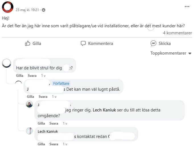 En skärmdump av en konversation på sociala medier som diskuterar problem och kontakt med Lech Kaniuk.