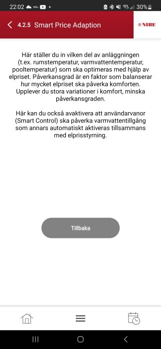 Skärmdump av en mobil enhet visande en svensk text om "Smart Price Adaption" för optimering av anläggningsfunktioner med priskänslighet.