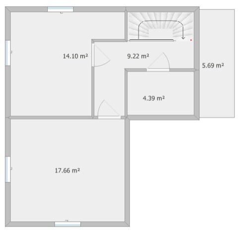 Ritning av en våningsplan, olika rum, arealer angivna i kvadratmeter, trappa, möjligtvis övervåning eller lägenhet.
