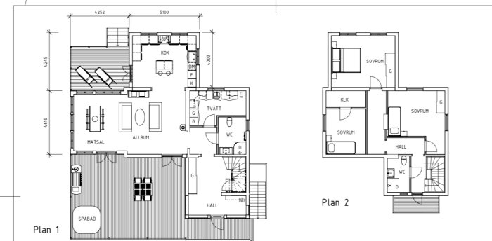 Arkitektritningar av en bostad, visar planlösning för två våningar med måttangivelser.