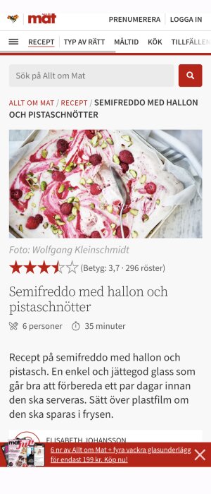 Semifreddo med hallon och pistaschnötter, dessert, rosa och vit, betygsatt 3.7/5.