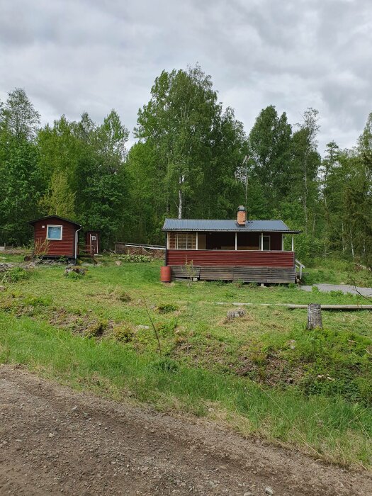 Trästuga och förråd i grönskande skogsmiljö, molnig himmel, avskild naturidyll, enkel landsbygdslivsstil.