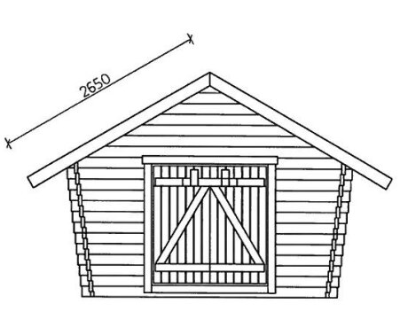 Enkel linjeteckning av en stuga med måtten 2650mm angivet på taket.