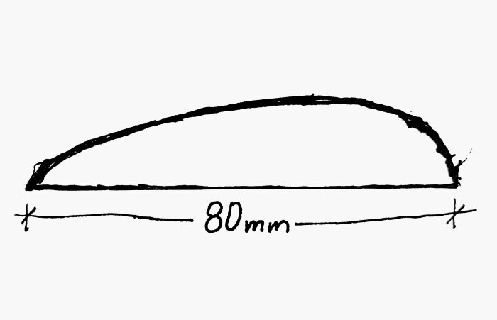 Enkel ritning av en halvcirkelformad objekt med storleksangivelse 80 mm under.