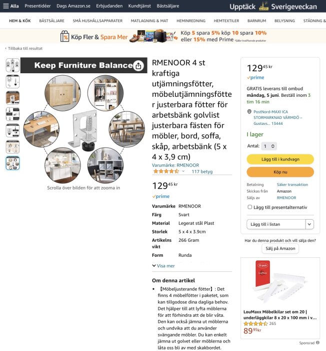 Webbsida som visar en produktannons för möbelutjämningsfötter på Amazon med pris och kundrecensioner.