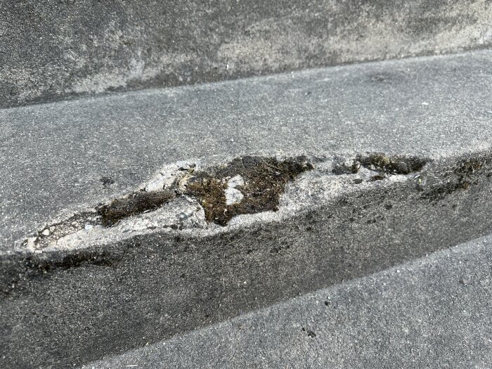 Billede af en slidt og skadet entrétrappe med knækkede kanter og huller, der trænger til reparation med beton eller fyldmateriale.