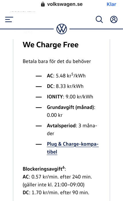 Volkswagen.se skärm med laddpriser: AC, DC, IONITY och blockeringstariffer, ingen grundavgift, tre månaders avtal.
