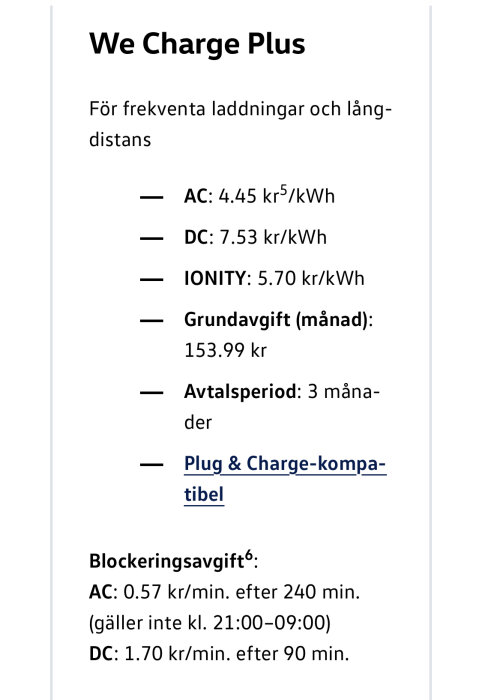 Information om elbilsladdningspriser, abonnemang, och blockeringavgift på svenska.