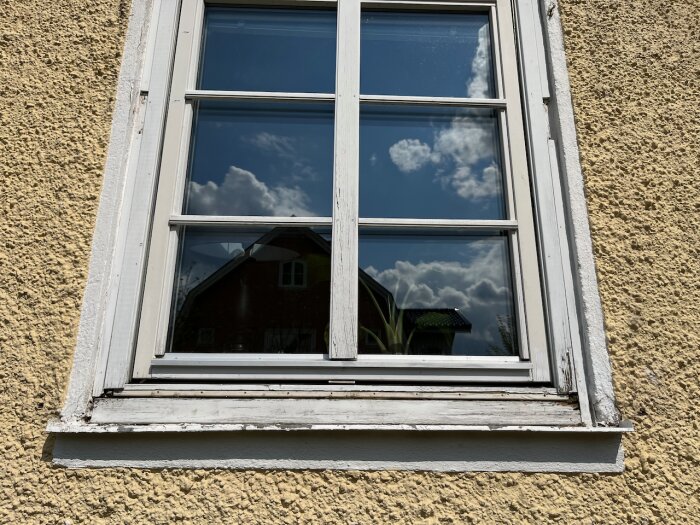 Fönster i vitram på gulfärgad vägg speglar molnig himmel och byggnader.