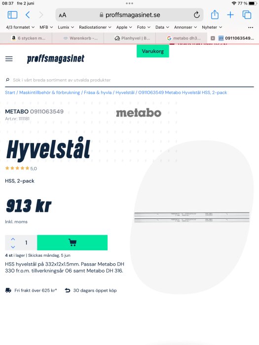 Skärmdump av en webbshop, visar Metabo hyvelstål, pris 913 SEK, inklusive moms, fyra i lager.