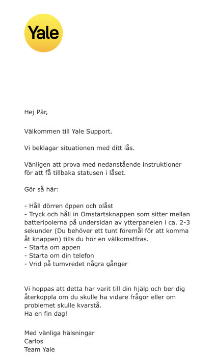 Kundsupportmail på svenska med instruktioner för att återställa ett Yale lås.