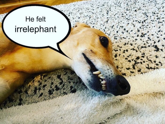 Hund ligger på matta med pratbubbla innehållande ordlek "irrelephant." Humoristiskt och gulligt.