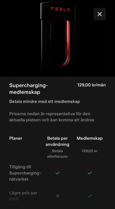 Tesla Supercharger, prenumerationsalternativ, prissättning, medlemskap fördelar, svenska, mörk bakgrund.
