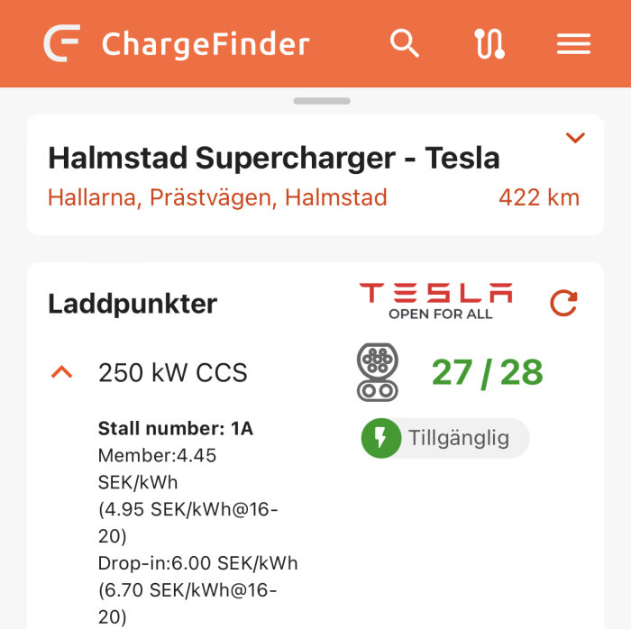 Information om Tesla Supercharger i Halmstad med priser och tillgänglighet visas via ChargeFinder-appen.