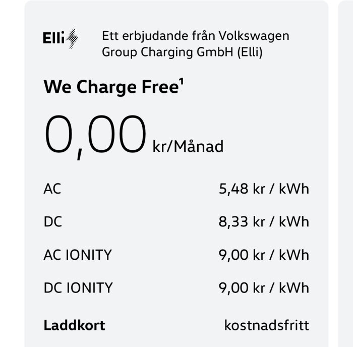 Bild av elbilsladdningspriser och -erbjudande från Volkswagen Group Charging GmbH med olika kWh-priser.