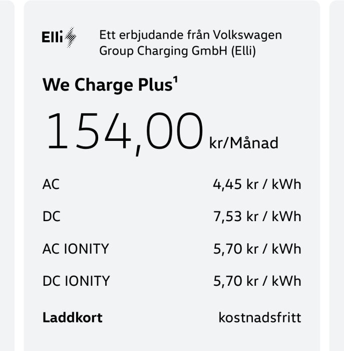 Erbjudande om laddning: 154 kr/månad, olika priser för AC och DC, gratis laddkort.