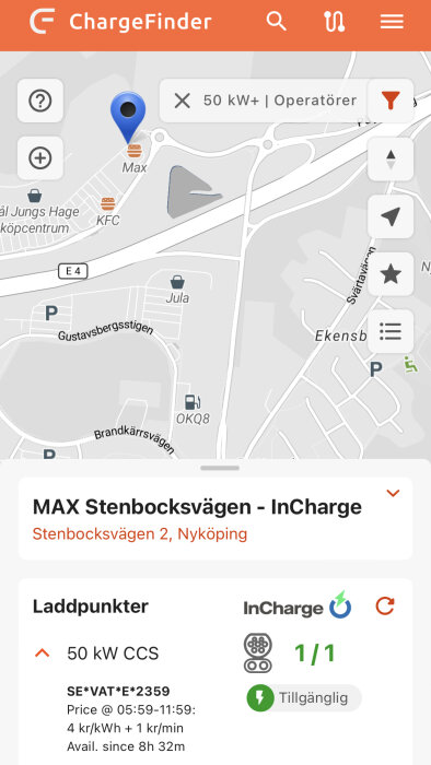 Skärmdump av en laddstationssöktjänst, ChargeFinder, visar information om elbilsladdare i Nyköping, Sverige.