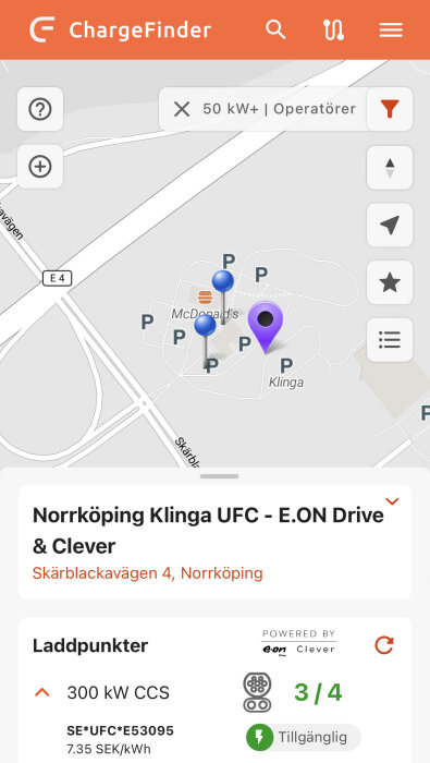 Skärmdump från ChargeFinder-appen visar laddstation för elbil i Norrköping, Sverige med prisinformation och tillgänglighet.