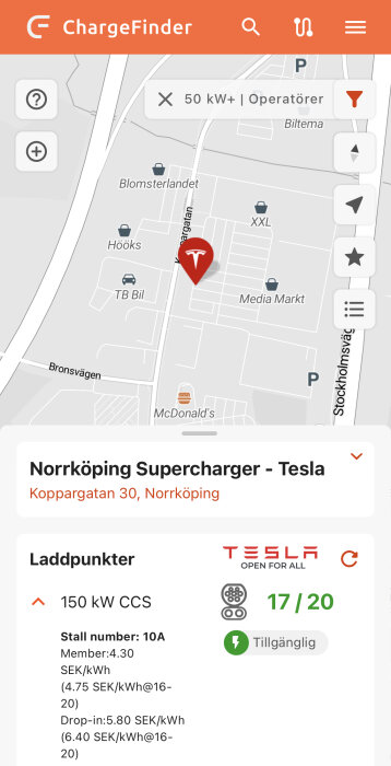 Karta över Tesla Supercharger i Norrköping, 17 av 20 lediga laddpunkter, priser angivna.
