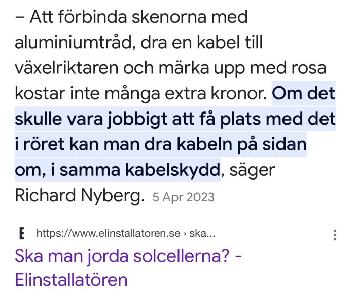 Text på webbsida om elinstallation, diskuterar solceller, kablar och markering. Datummärkt 5 april 2023.
