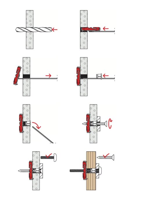 Illustration av steg-för-steg-instruktioner för att borra ett hål och sätta i en plugg i en vägg.