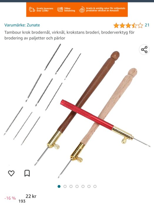 Verktyg för broderi, tamburkrok, virknål, utbytbara spetsar, trähandtag, metallfästen, hantverkstillbehör.