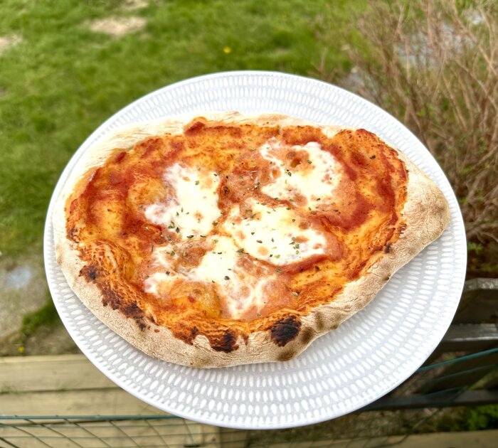 Nybakad pizza Margherita på en tallrik utomhus, oregano strösslat ovanpå.