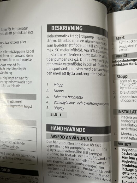 Manualsida för trädgårdspump, LCD-skärm, listade komponenter, instruktioner, svartvit bild.