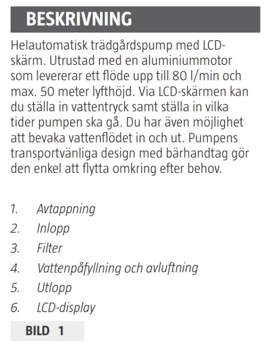 Automatisk trädgårdspump, LCD-skärm, justerbart vattentryck, bärhandtag, upp till 80 l/min flöde.