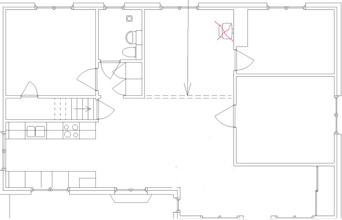 Arkitektonisk ritning av en lägenhet med kök, vardagsrum, badrum och sovrum markerat med rött kryss.