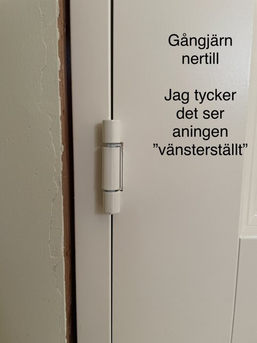 Dörr med gångjärn och text som kommenterar dess lutning.