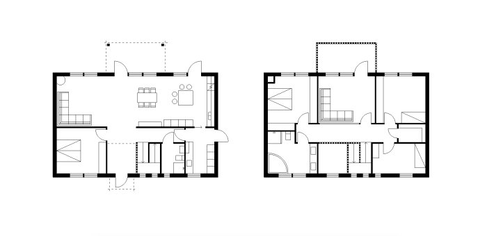 Två våningsplan, arkitektoniska ritningar, möblerad lägenhet, planlösning, svartvit.