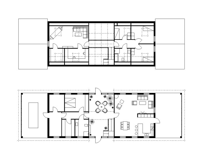 Två våningsplan i svartvit arkitektonisk ritning; innehåller möblering, rum, och detaljer som fönster.