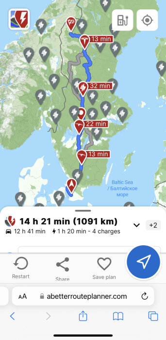 Resplan med elbilsrutt, laddningsstopp och tidsangivelser över Baltiska havet, totalt 1091 km.