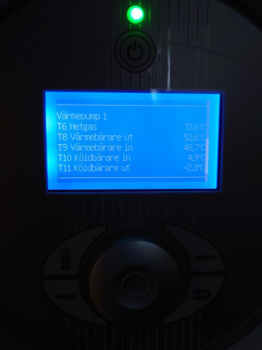 Digital display visar temperaturer för en värmepump. Grönt ljus indikerar drift. Knappar för navigering nedanför.