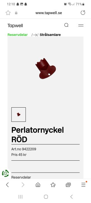 Webbsida med produktbild, perlatornyckel, röd, pris och artikelnummer listat, varukategori "Reservdelar".