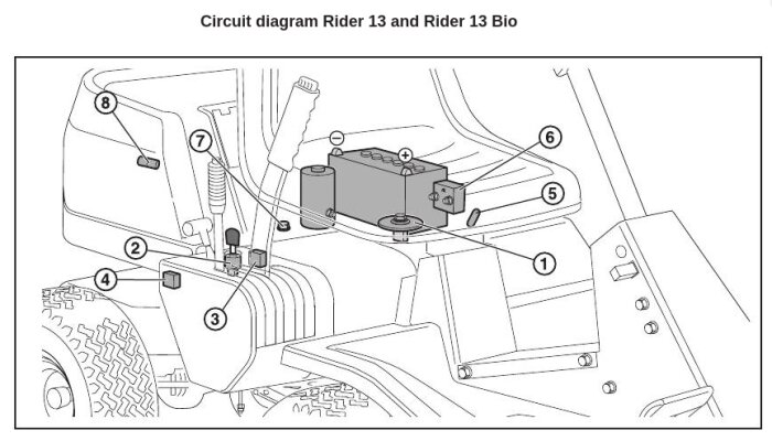 Schematisk illustration av elsystemet för Rider 13, inkluderar batteri, kablar och komponenter.