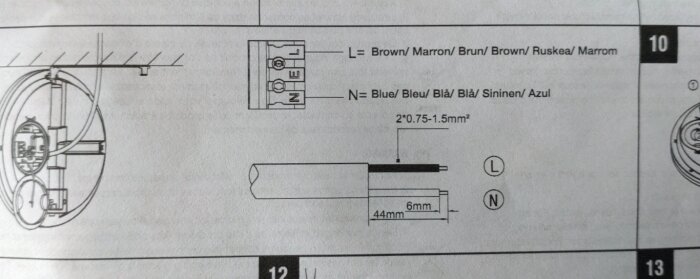 Elektrisk installationsguide för kablar, märkningar för "brun" och "blå", och skala för trådstorlekar.