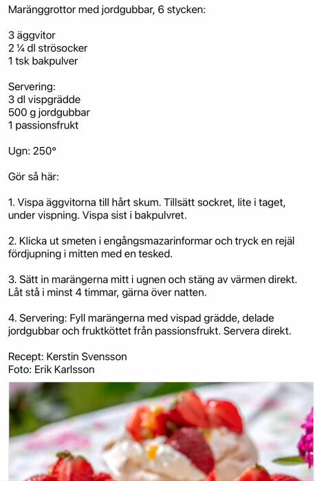Recept på maränggrottor med grädde, jordgubbar, passionsfrukt. Text på svenska. Fotografi av dessert nedtill.