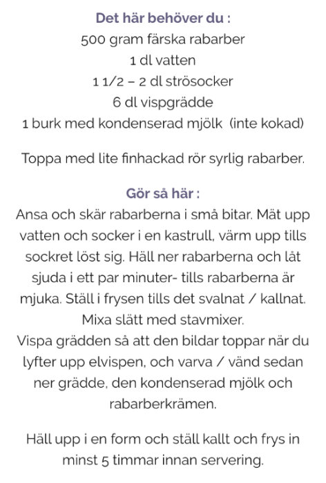Recept på rabarberdessert med grädde och kondenserad mjölk, visuell instruktion, matlagningssteg.