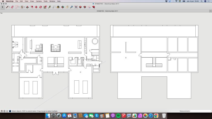 Två våningsritningar visas i SketchUp, ett CAD-program för design och arkitektur.