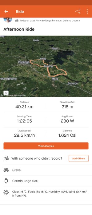 Cykelturrapport; karta, distans 40.31 km, tid, hastighet, energiförbrukning, väderdata syns.