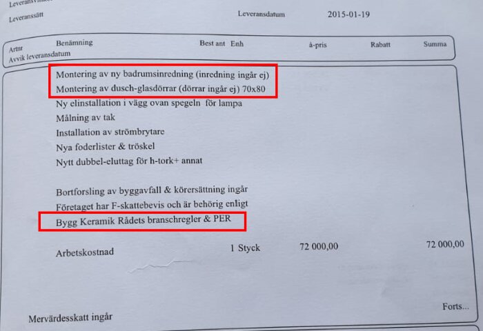 Offert för hantverkstjänster med kostnadsförslag på 72 000 kronor, inklusive moms och markerad text.